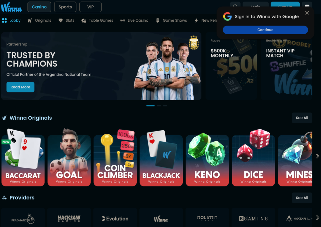Winna.com homepage