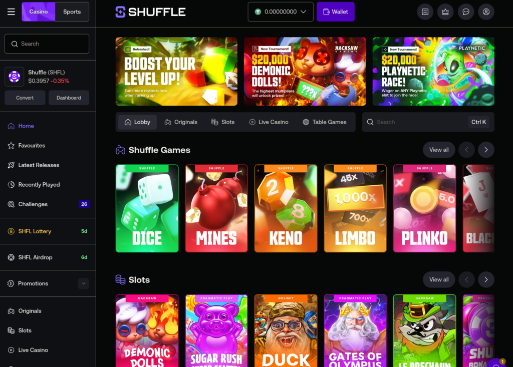 Shuffle Casino homepage